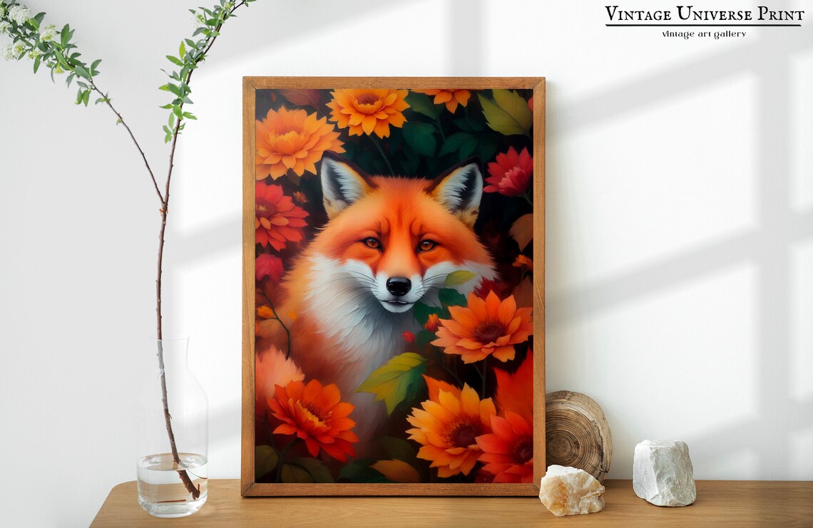 Red Fox Among Autumn Flowers Vintage Oil Painting Animal Wall Art - Image 5