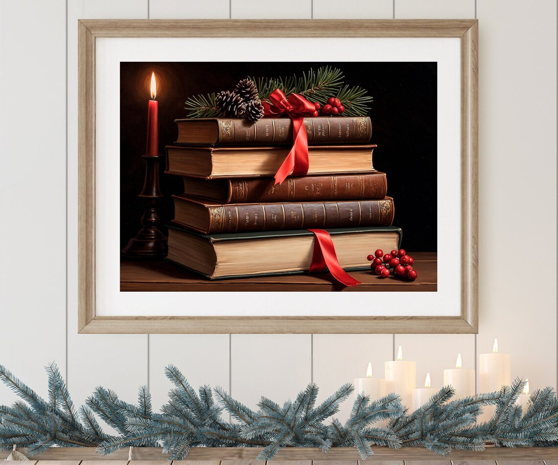 Stacked Vintage Christmas Books With Candle And Red Ribbon Print - Image 4