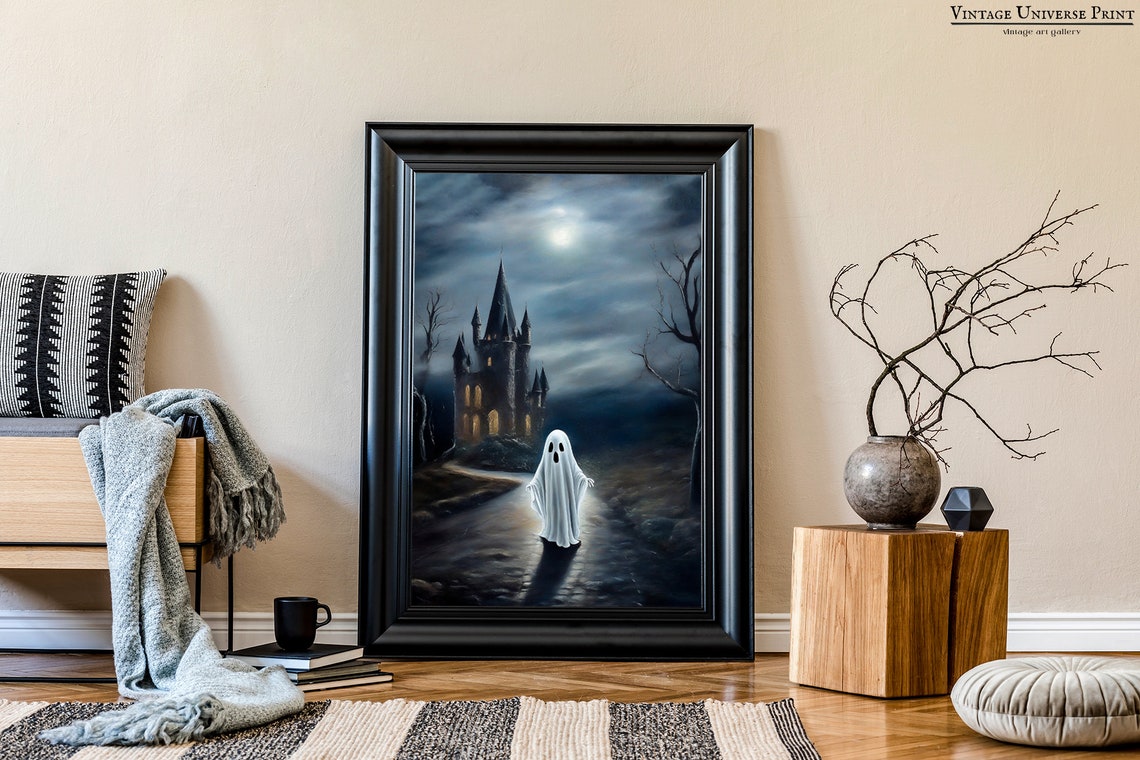 Ghost Moonlit Path Spooky Castle Glowing Windows Night Poster - Image 2
