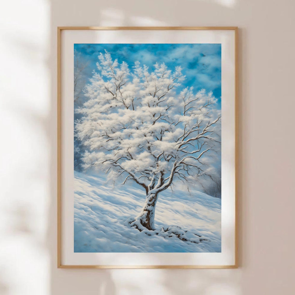 Lone Snowy Tree Bright Blue Sky Serene Winter Landscape Art Poster - Image 4