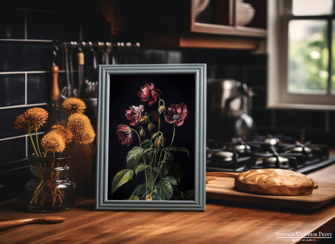 Deep Red Poppies Moody Dark Floral Vintage Oil Painting Wall Art - Image 2