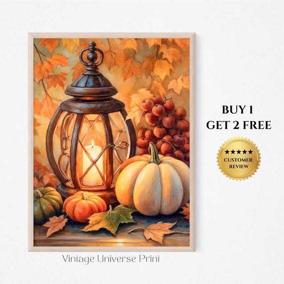 Glowing Lantern With Pumpkins And Red Berries In Autumn Still Life Print