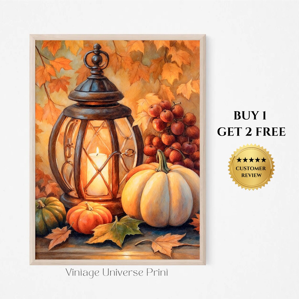 Glowing Lantern With Pumpkins And Red Berries In Autumn Still Life Print