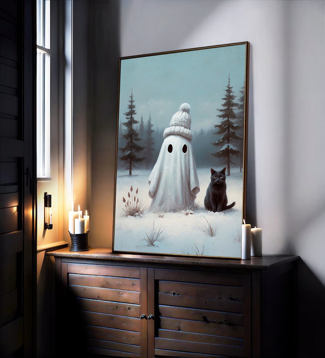 Ghost in Cozy Knit Beanie with Black Cat in Snowy Forest Print - Image 2