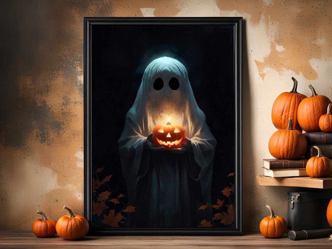 Ghost Holding A Glowing Jack O Lantern In The Dark Spooky Halloween Art Print - Image 3