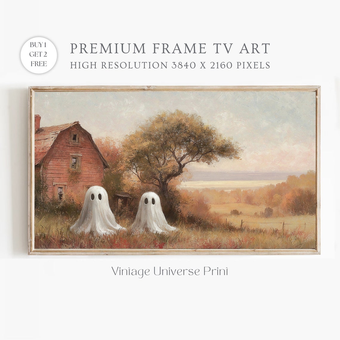 Two Ghosts By Rustic Red Barn Autumn Field Vintage Halloween Poster