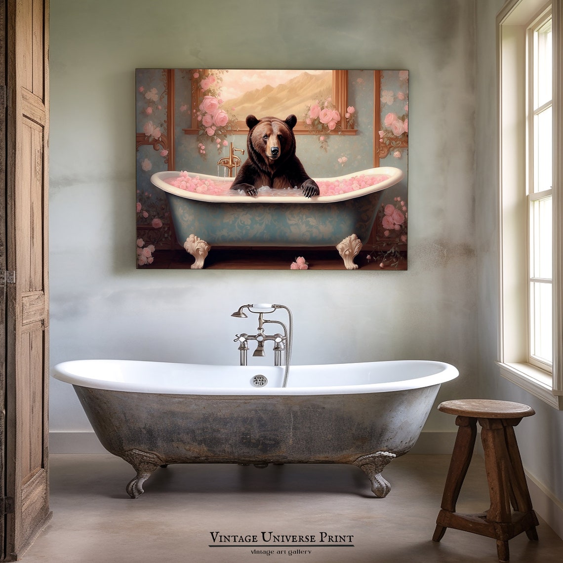 Brown Bear Relaxing in a Clawfoot Tub of Pink Rose Petals Funny Poster - Image 2