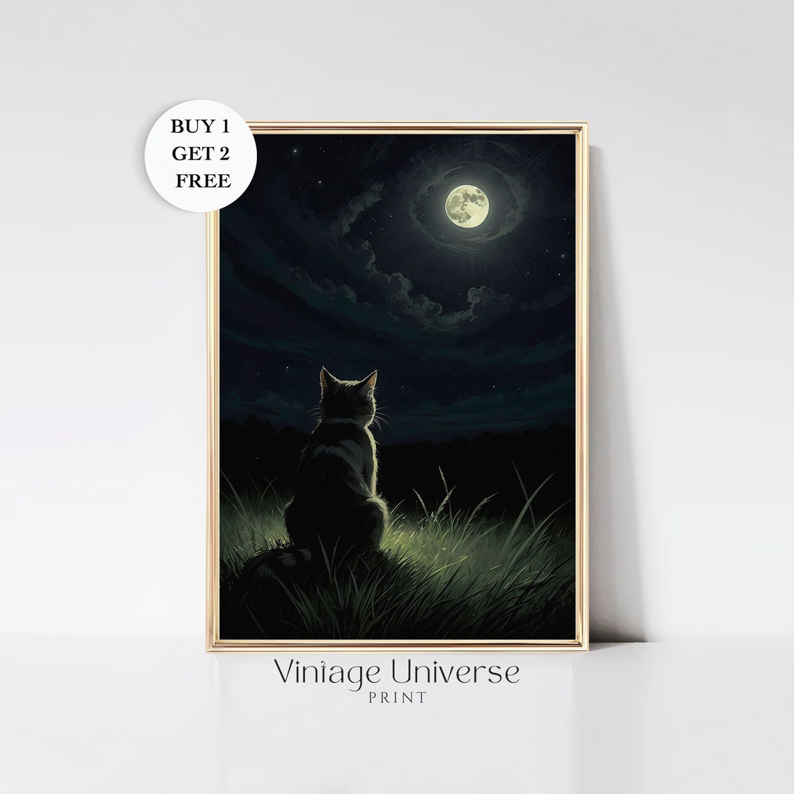 Cat Silhouette Watching the Full Moon Rise Over Tall Grass Art Print