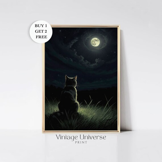 Cat Under The Moon Painting Full Moon Cat Art Print Night Cat Art Print Celestial Wall Art Witchy Aesthetic Moody Wall Art