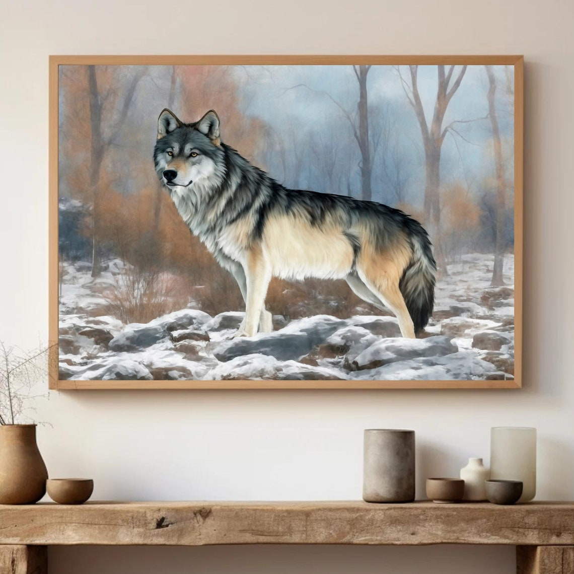 Grey Wolf Snowy Rocks Winter Forest Scene Majestic Wildlife Print - Image 3