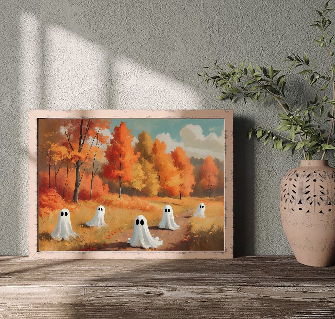 Five Cute Ghosts Wandering A Golden Autumn Forest Path Vintage Halloween Poster - Image 2