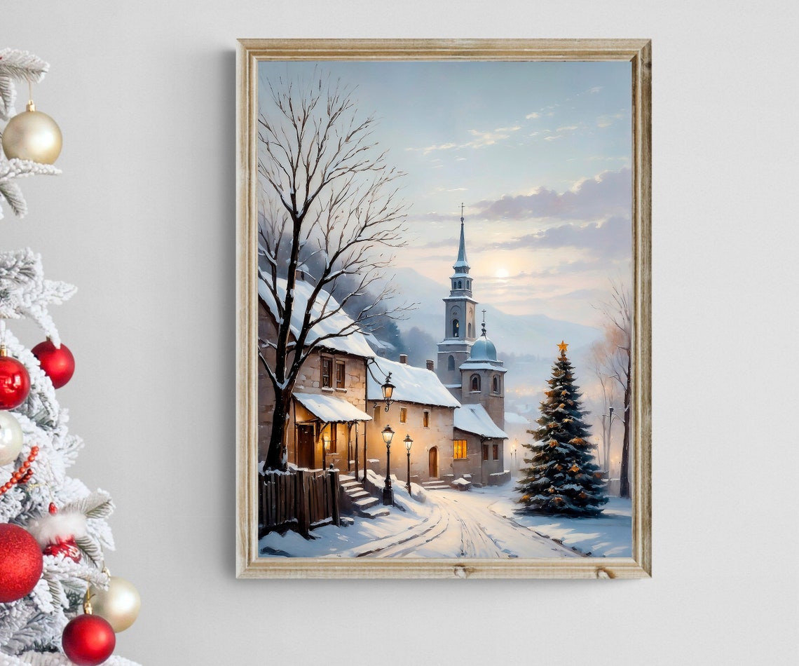 Snowy Village Church and Christmas Tree Twilight Vintage Poster - Image 2
