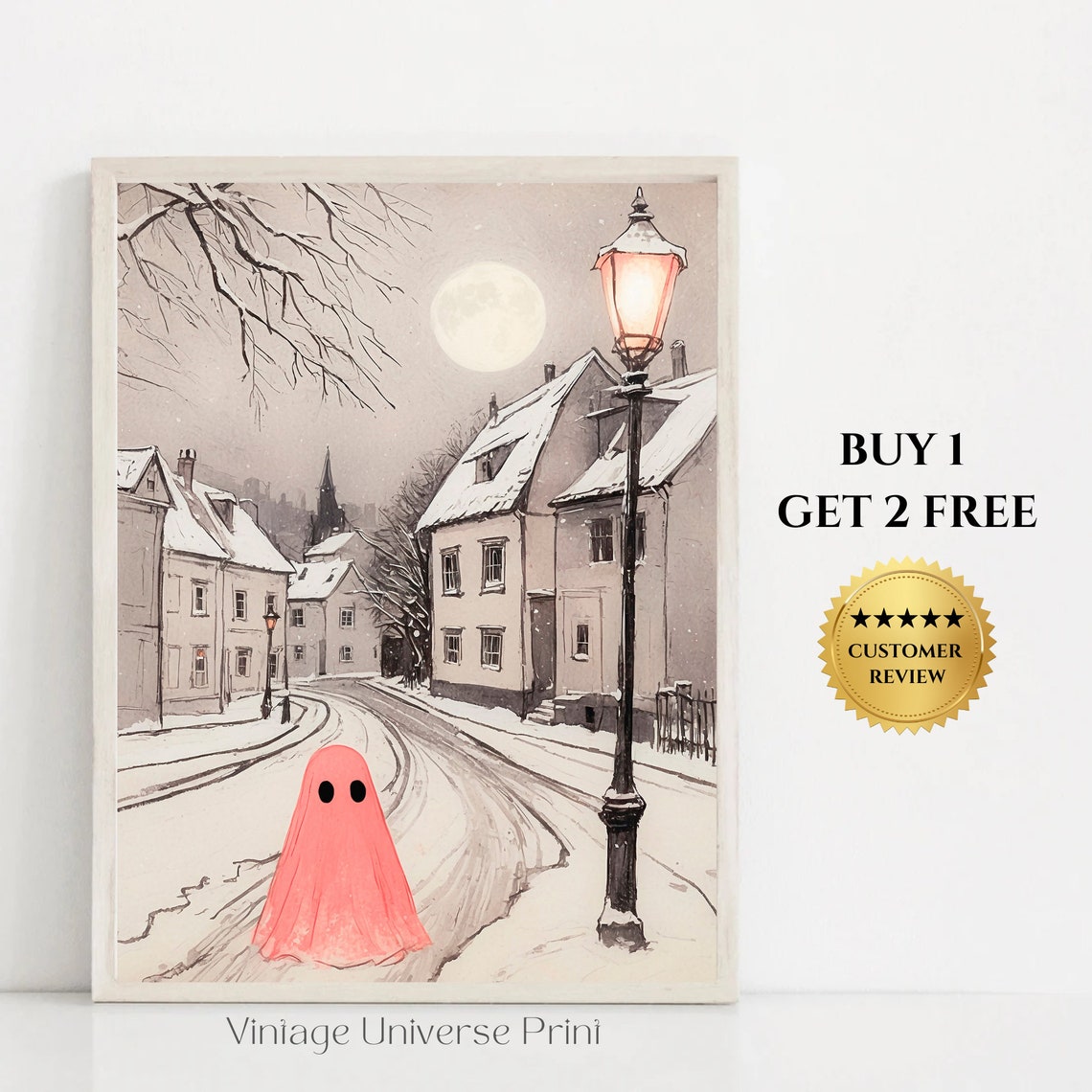 Ghosts In Winter Town Vintage Painting Ghost Print Snowy Art Print Christmas Village Print Holiday Painting Seasonal Home Decor 05
