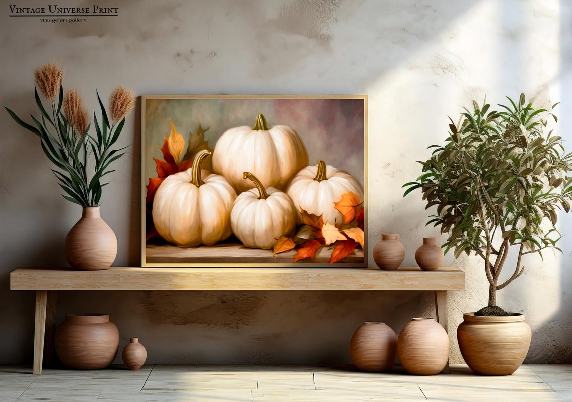 Four White Pumpkins Autumn Leaves Rustic Fall Table Still Life Print - Image 2