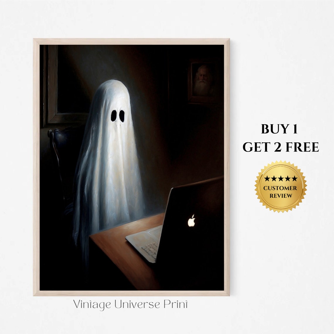 Ghost Working At A Desk With Laptop In Dark Room Funny Print