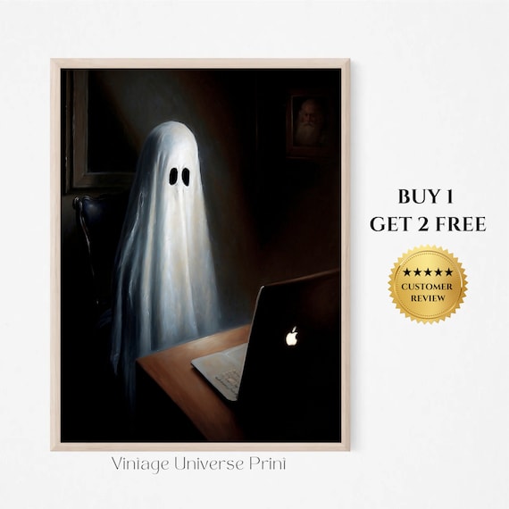 Ghost At Desk Moody Dark Poster Ghost Art Print Dark Ghost Working Ghost Creepy Horror Spooky Painting Wall Art Halloween Poster