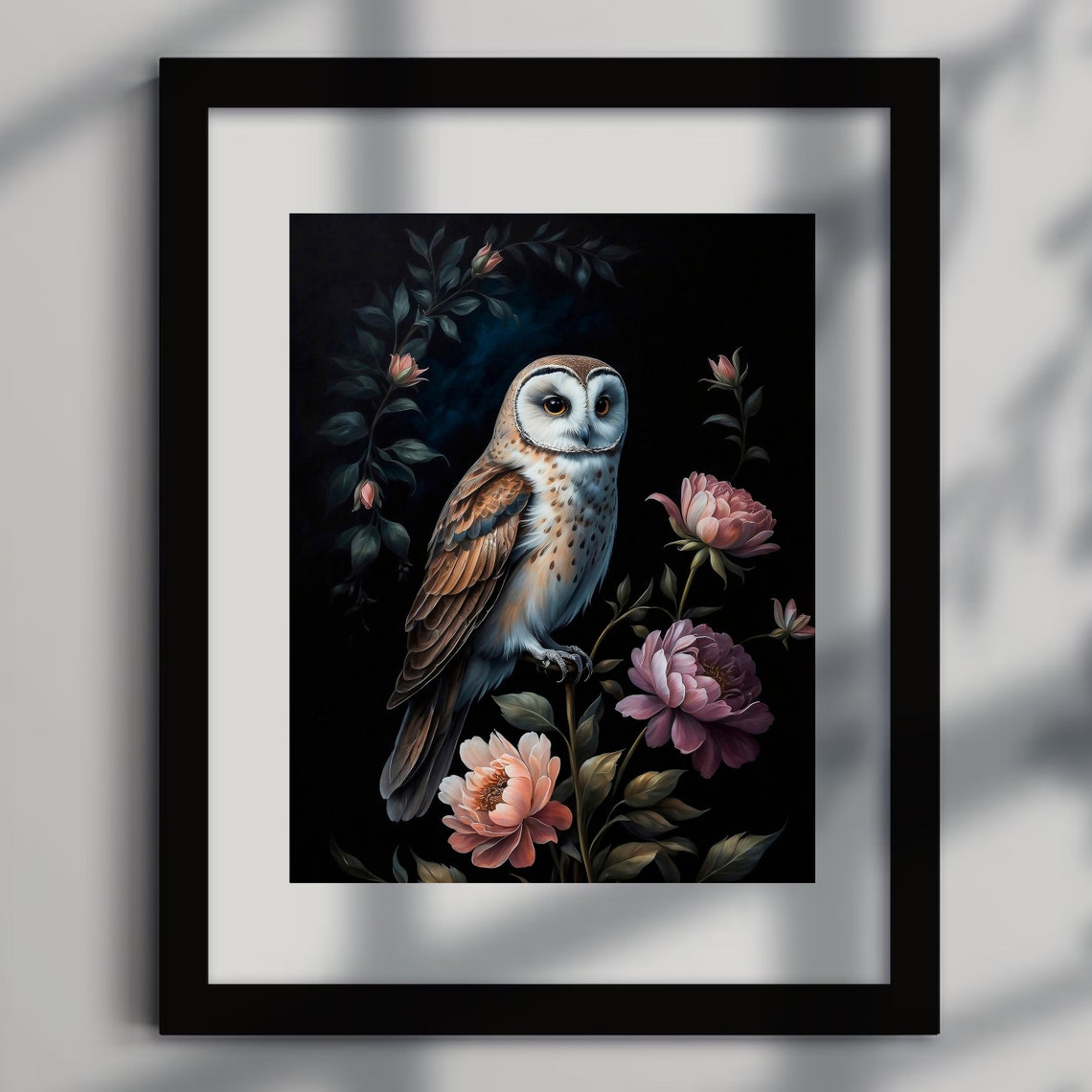 Barn Owl Pink Peony Blooms Moody Floral Dark Night Garden Poster - Image 5