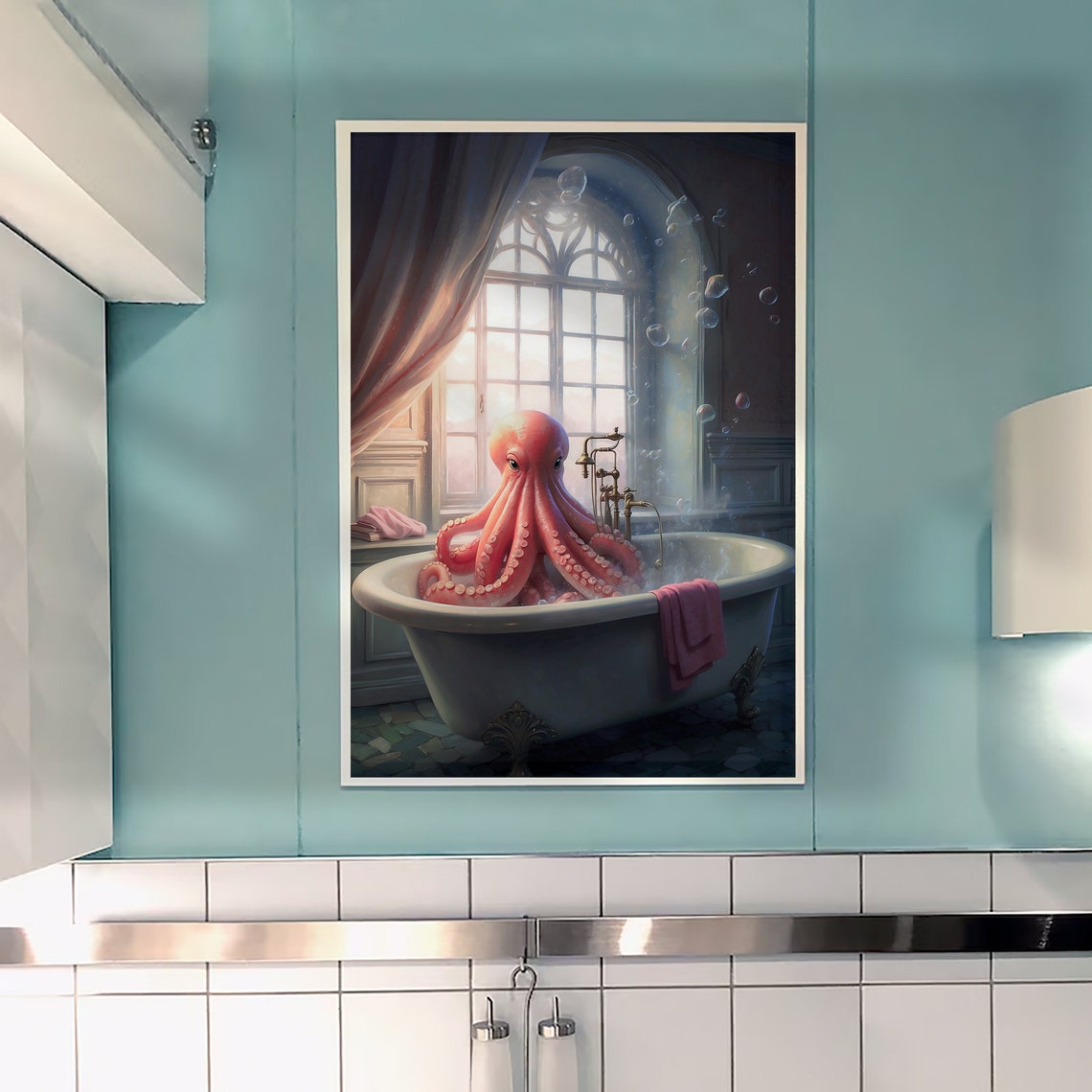 Pink Octopus Soaking In A Clawfoot Bathtub Colorful Bathroom Poster - Image 2