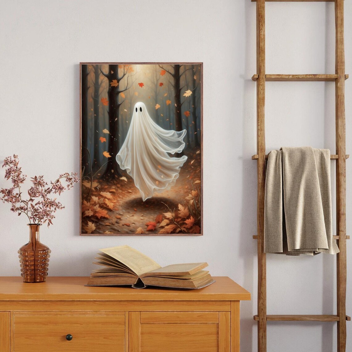 Ghost Floating Through an Autumn Forest of Falling Orange Leaves Poster - Image 2