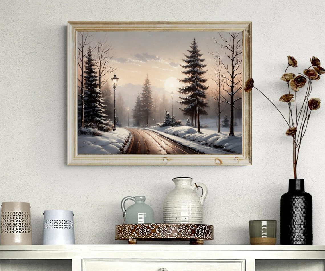 Snowy Forest Road with Pine Trees and Lamplights at Dusk Winter Poster - Image 2