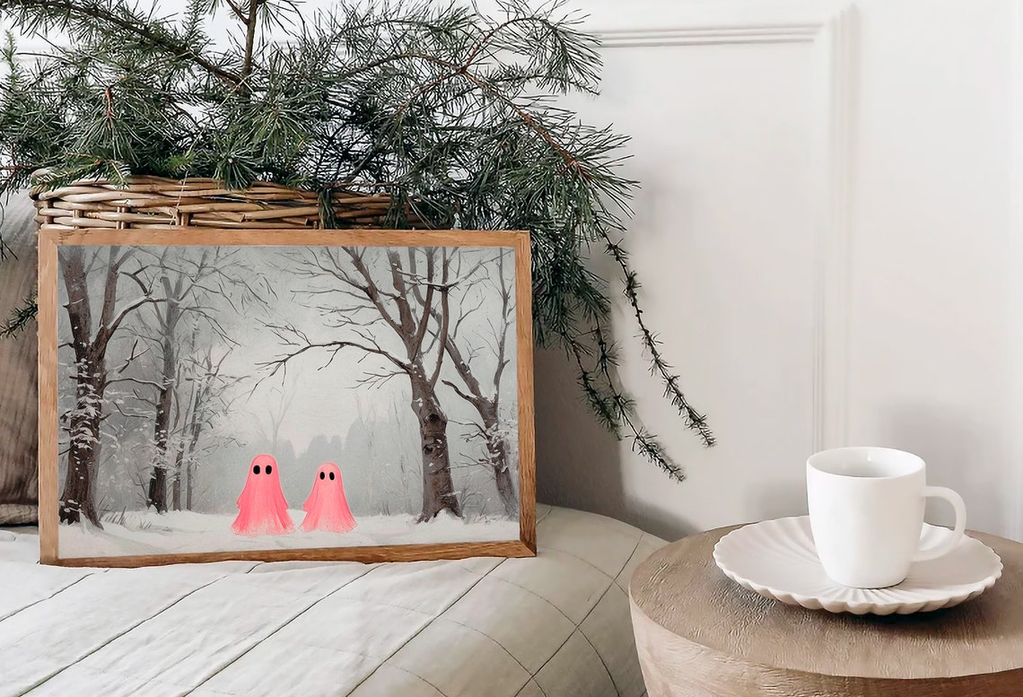 Two Pink Ghosts in Snowy Bare Tree Forest Quiet Winter Print - Image 2