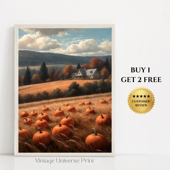 Pumpkin Patch Farm Landscape With Farmhouse Rustic Fall Harvest Painting Poster