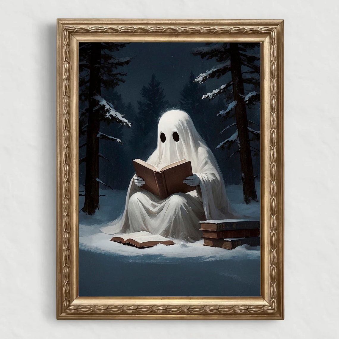 Ghost Reading a Book in Snowy Forest at Night Dark Academia Print - Image 4