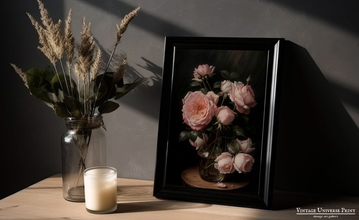 Blush Pink Roses In A Glass Vase On Dark Background Vintage Print - Image 5