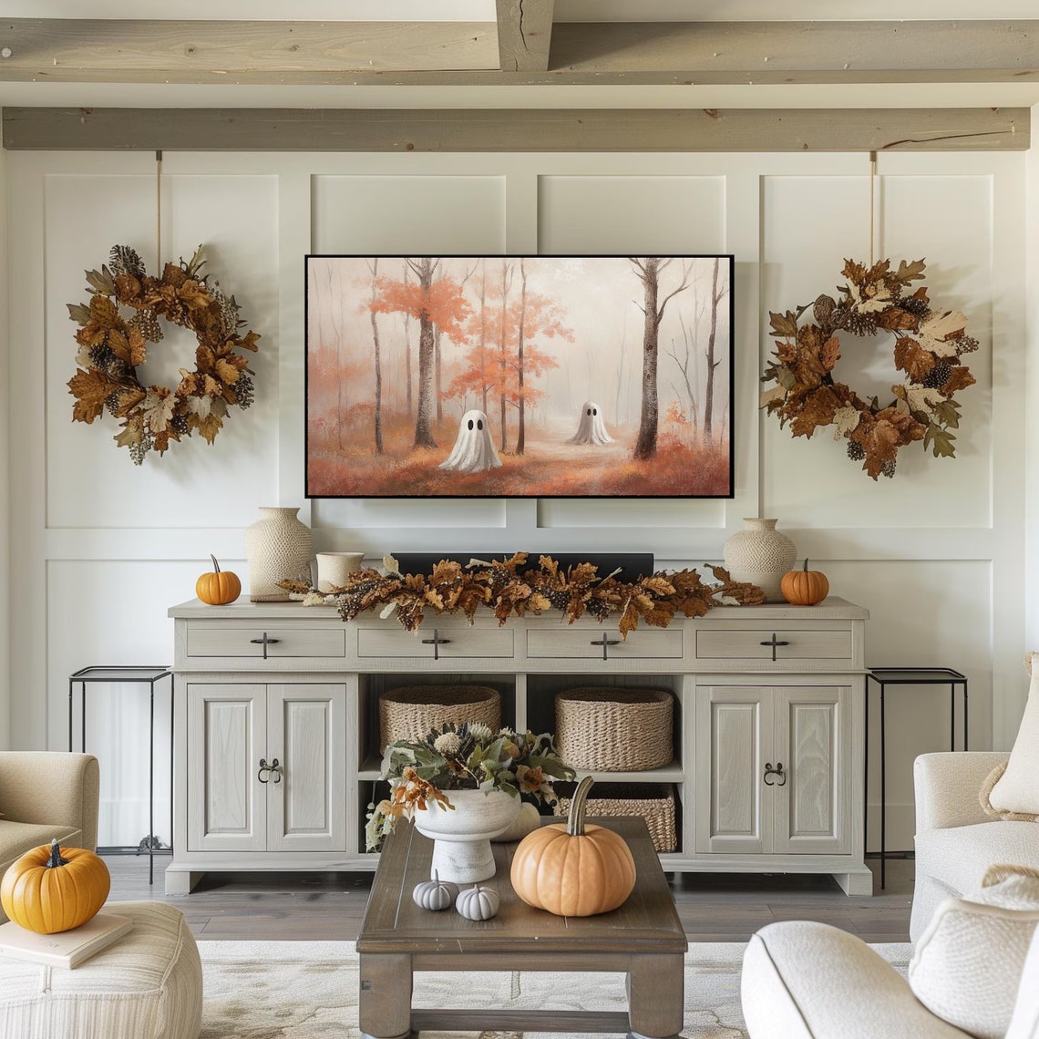 Two Ghosts On Misty Fall Forest Path Spooky Halloween Decor Poster - Image 3