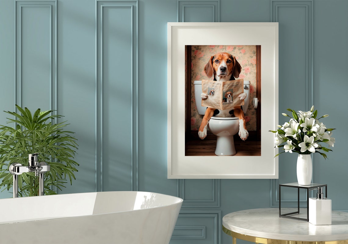 Friendly Beagle Reading A Newspaper On The Toilet Dog Poster - Image 4