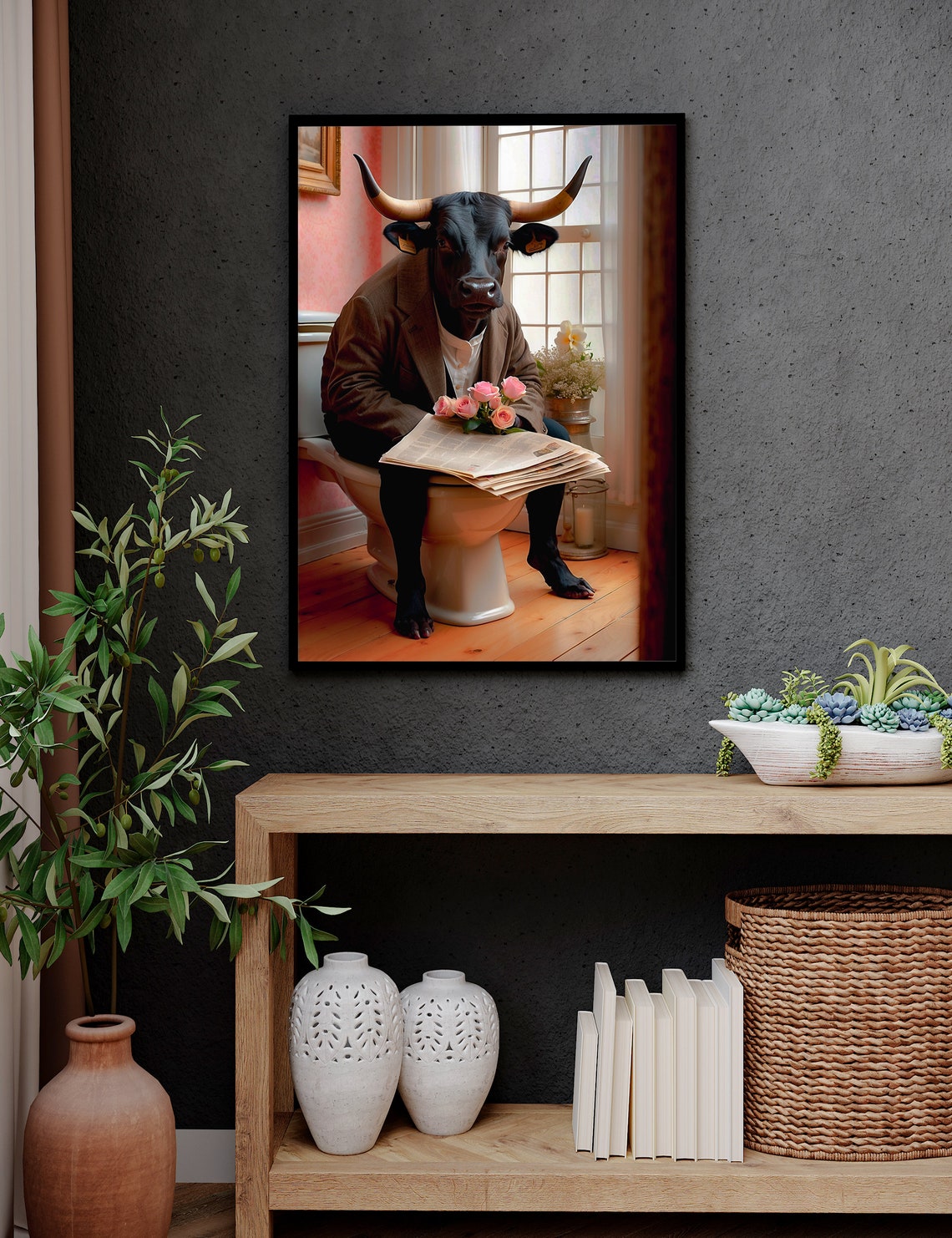 Dapper Longhorn Bull In Blazer Reading On Toilet Funny Poster - Image 3