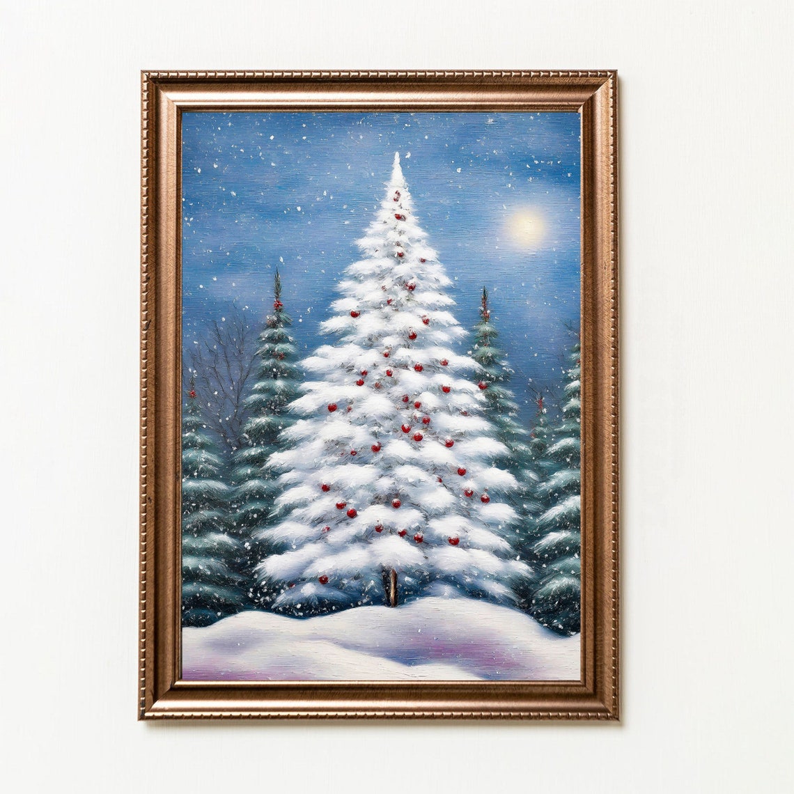 Snowy Christmas Tree Red Ornaments Moonlit Night Winter Poster - Image 4