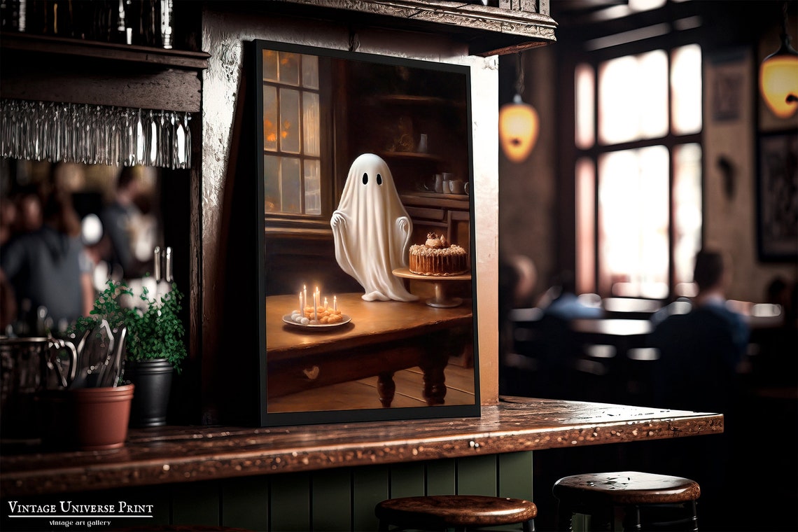 Cute Ghost In Bakery Vintage Painting Ghost Wall Art Cottagecore Artwork Dark Academia Print Halloween Wall Art Ghost Art - Image 2
