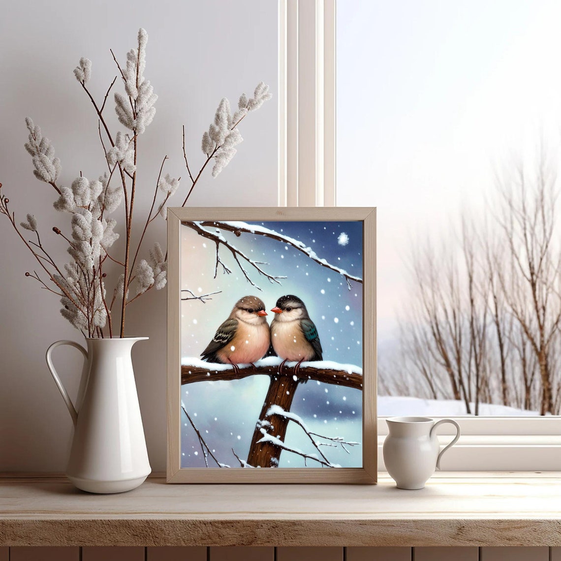 Two Birds on Snowy Branch Winter Vintage Oil Painting Poster - Image 2