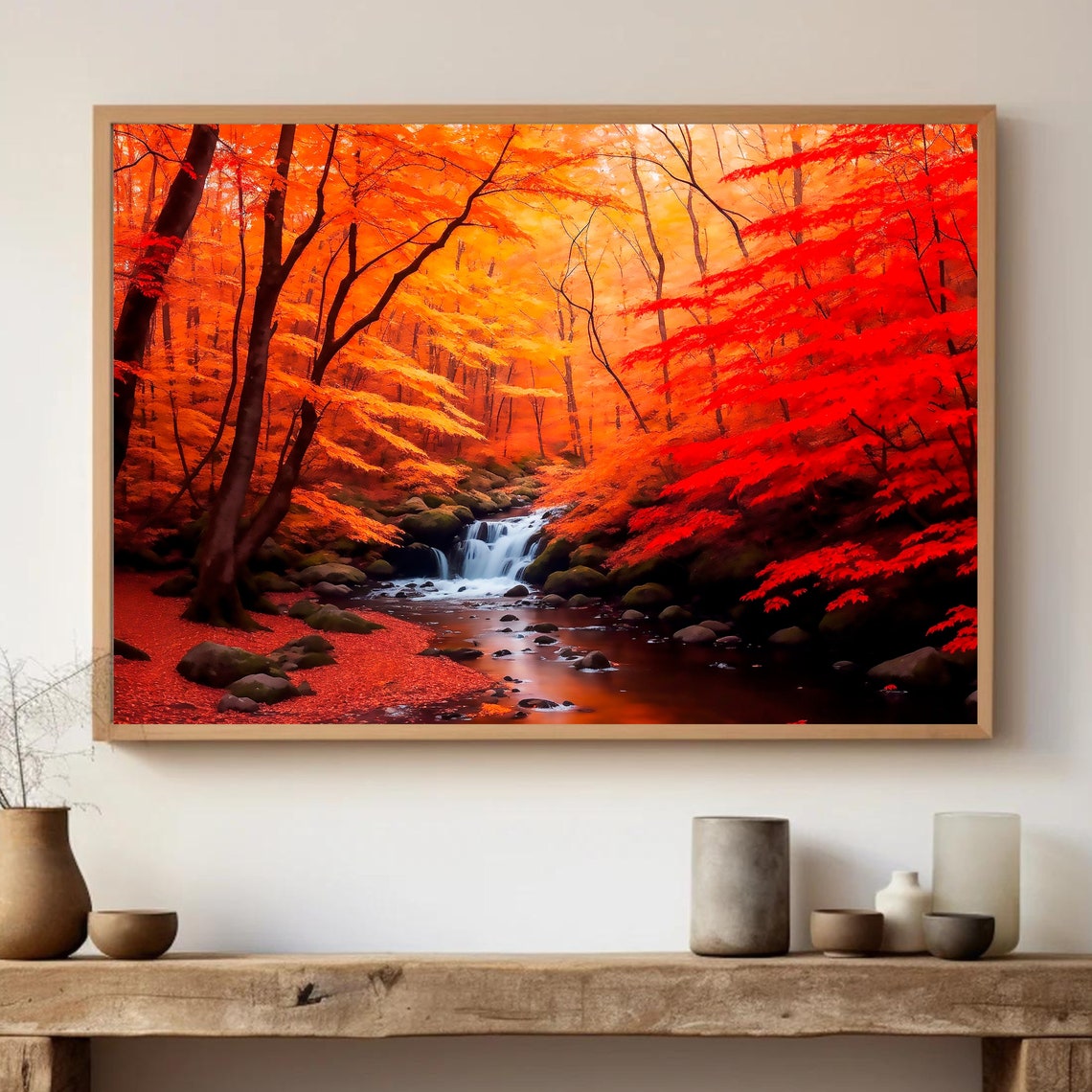 Blazing Red Autumn Forest Waterfall Stream Fiery Fall Poster - Image 3