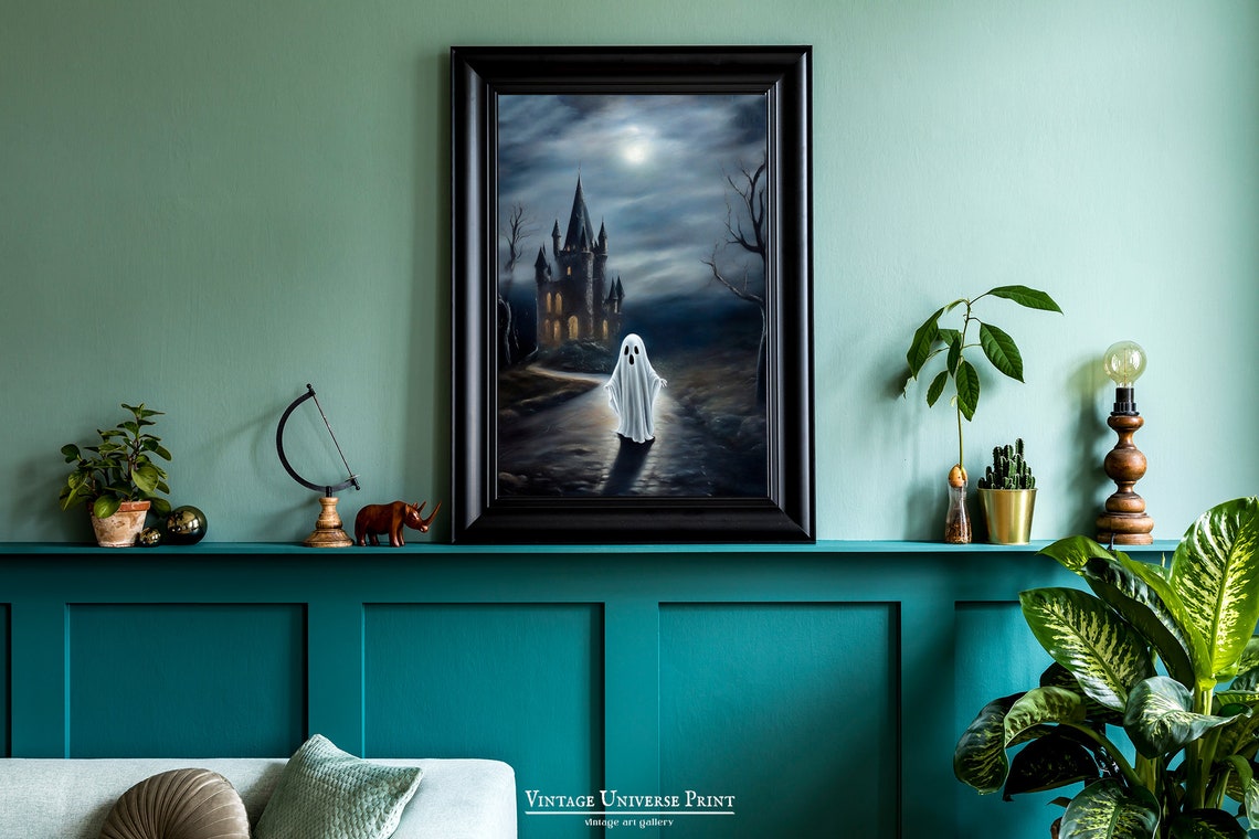 Ghost Moonlit Path Spooky Castle Glowing Windows Night Poster - Image 3