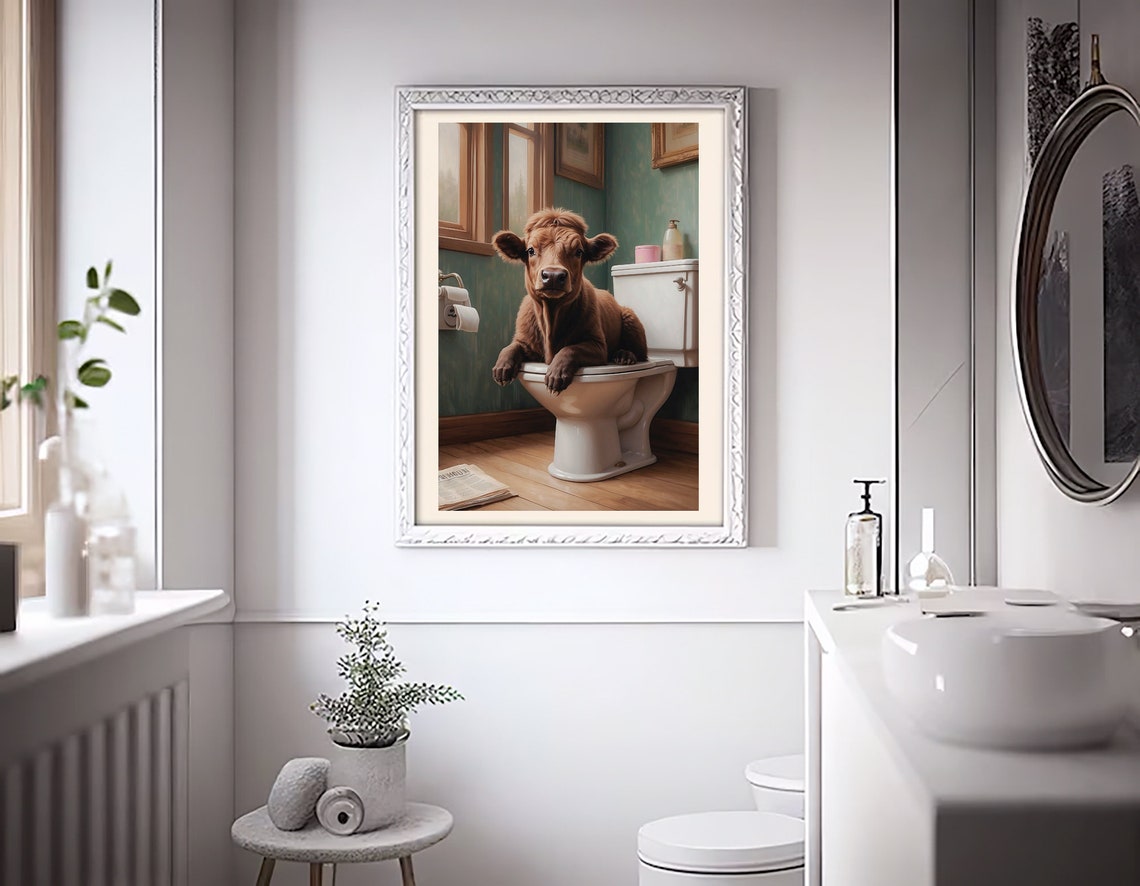Cute Brown Calf Sitting On A Toilet Funny Farm Animal Poster - Image 4