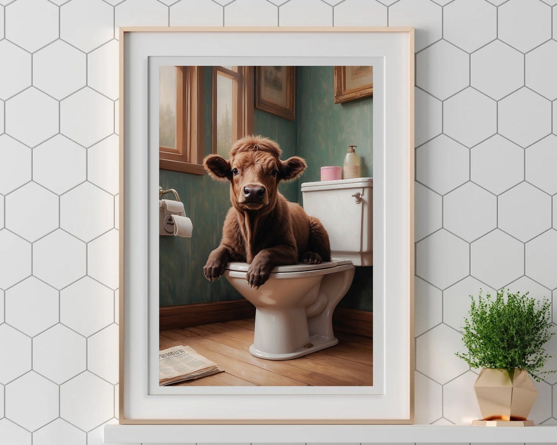Cute Brown Calf Sitting On A Toilet Funny Farm Animal Poster - Image 5