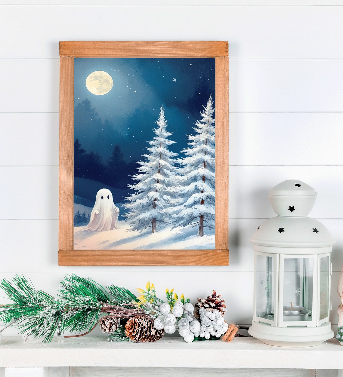 Ghost Among Snowy Fir Trees Under Glowing Full Moon Night Print - Image 3
