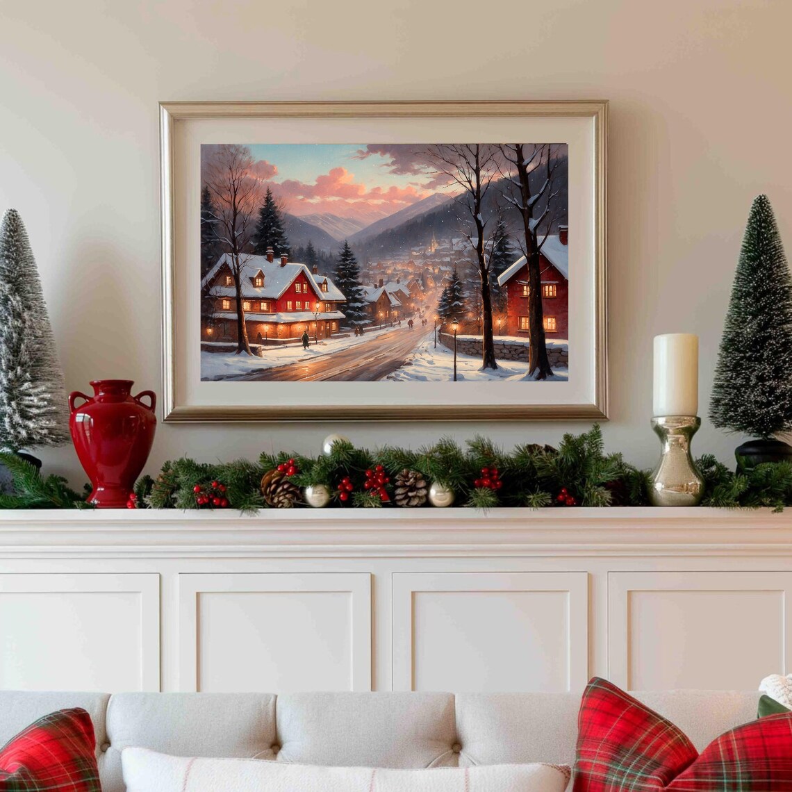 Vintage Christmas Town Snowy Street Evening Oil Painting Poster - Image 3