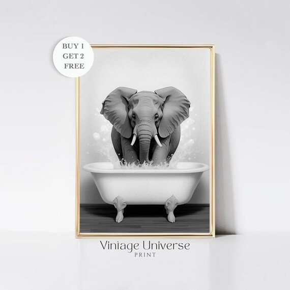 Elephant Splashing In Clawfoot Bathtub Black And White Poster