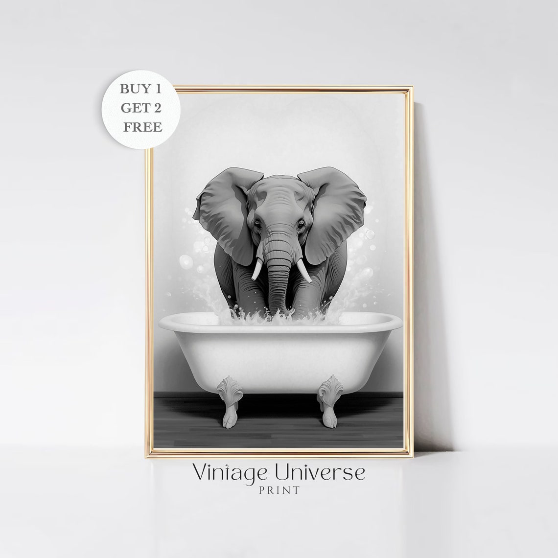 Elephant Splashing In Clawfoot Bathtub Black And White Poster