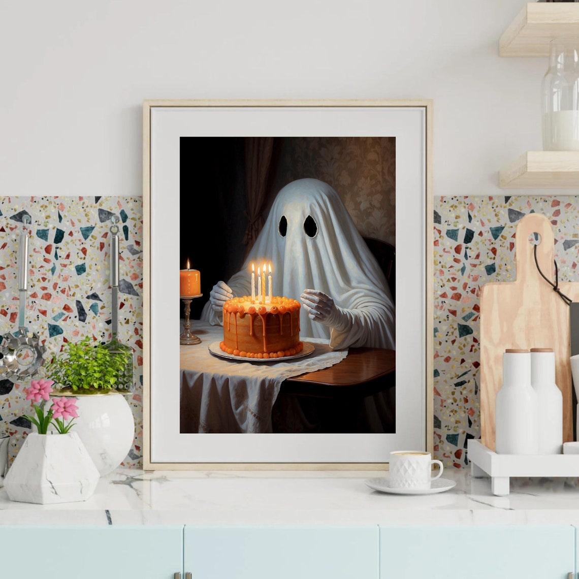 Ghost Celebrating with a Candle Lit Birthday Cake Sweet Party Poster - Image 2