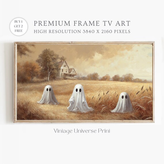 Three Ghosts In Golden Wheat Field Vintage Farmhouse Halloween Poster