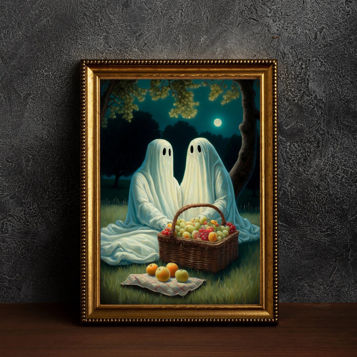 Two Ghosts Sharing A Picnic With Fruit Basket Under Moonlit Tree Print - Image 4