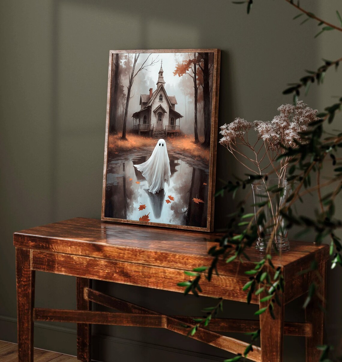 Cute Ghost By Puddle Reflection Before Misty Old House Halloween Painting Poster - Image 4