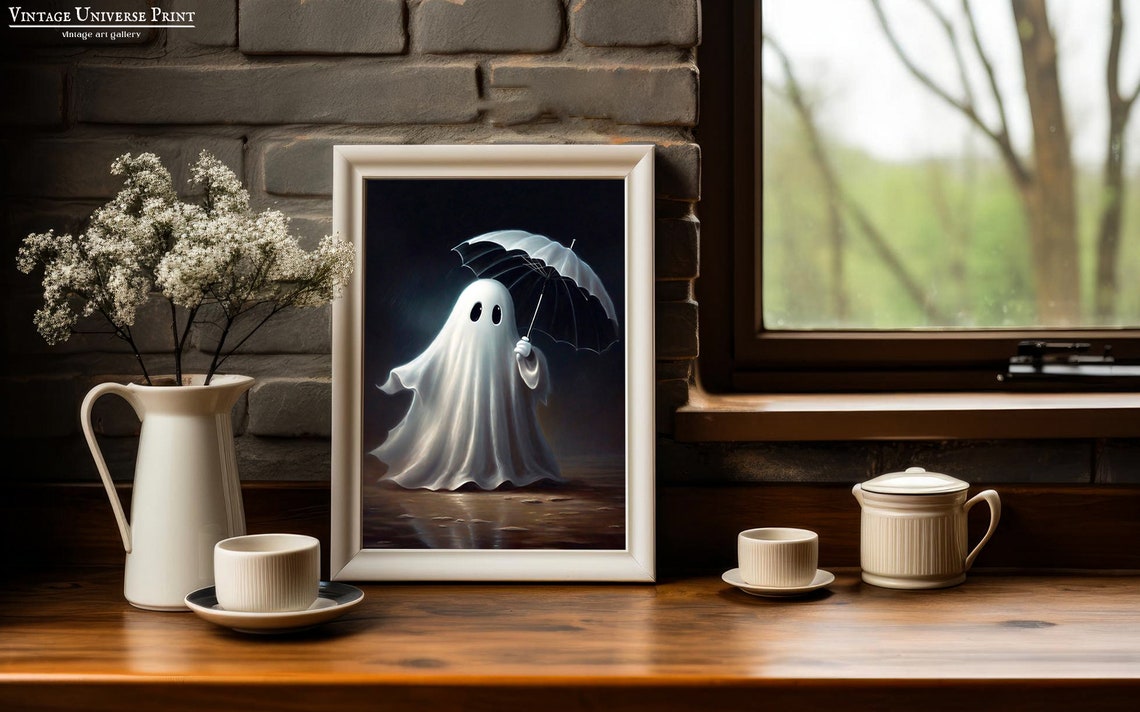 Cute Ghost Holding An Umbrella In The Rain At Night Spooky Poster - Image 2