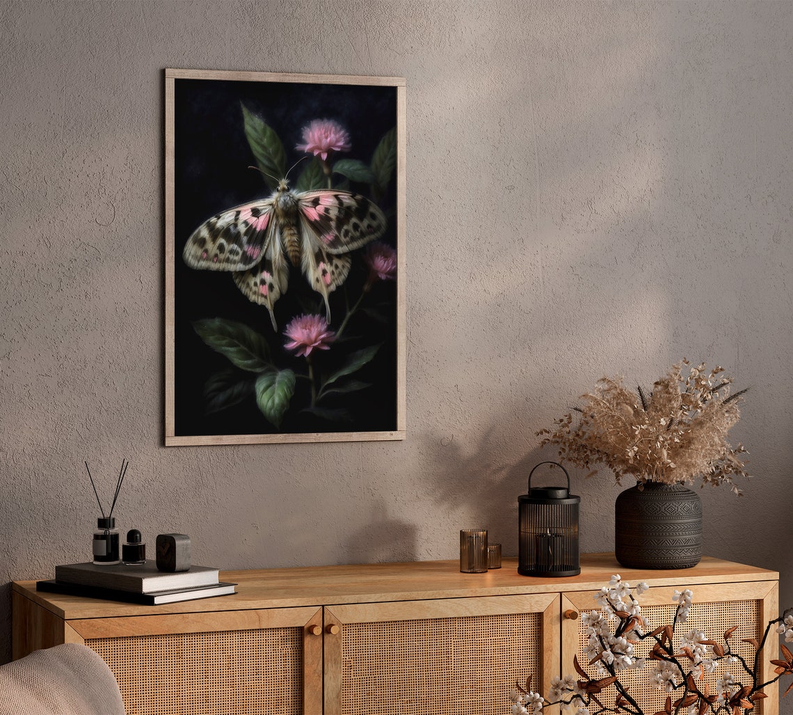 Giant Pink and Black Moth on Blossoms in Dark Botanical Art Print - Image 4