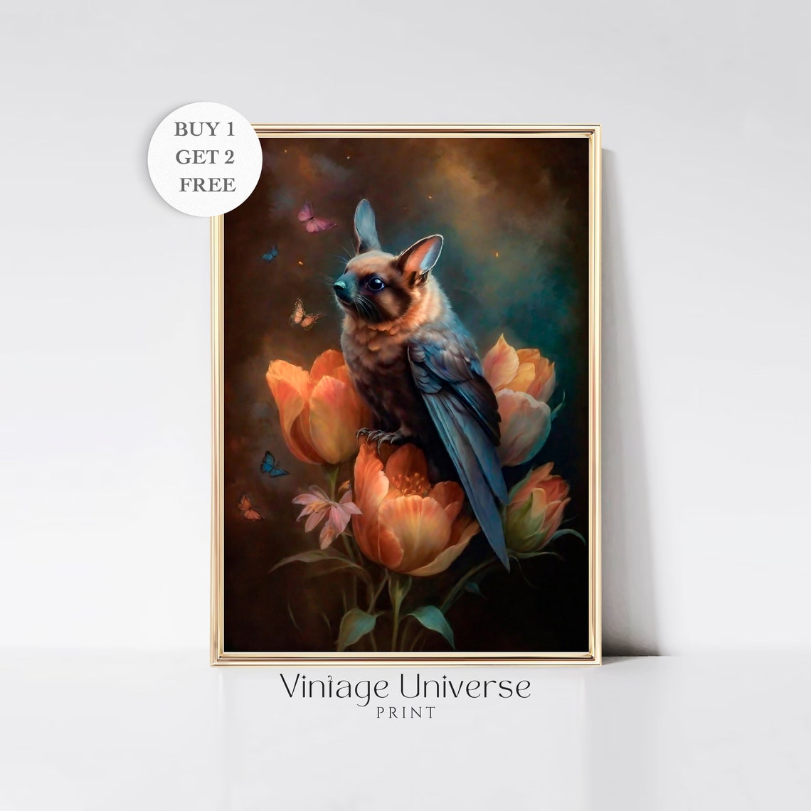 Fantasy Winged Bat on Orange Tulips Moody Dark Floral Art Poster