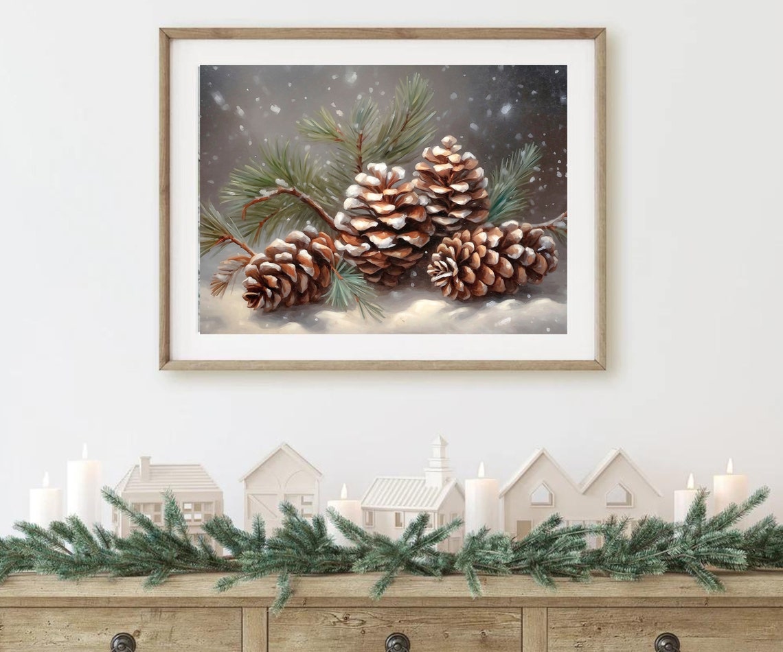 Snowy Pinecones on Evergreen Branch Winter Still Life Poster - Image 3